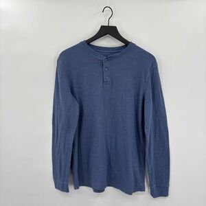 Mens Long Sleeve Henley Shirt Large Blue Textured Knit Heavy Weight Warm Utility